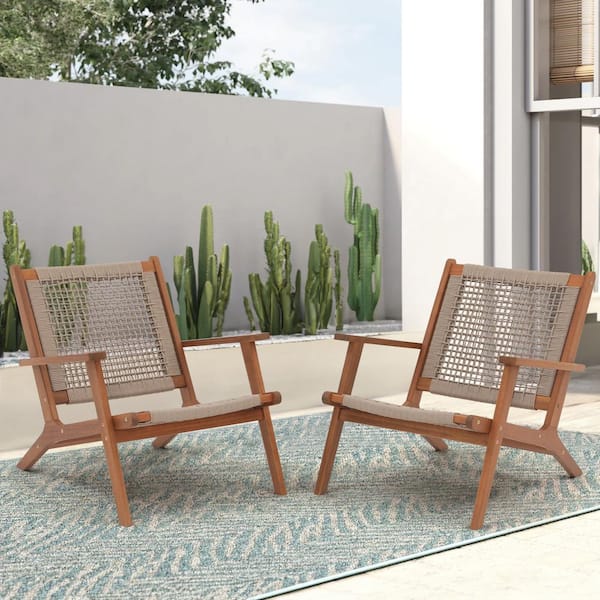 (Set of 2) Patio Lounge Chair, Modern Acacia Wood Accent Armchair with Handwoven Rope for Patio, Alcony (Beige)