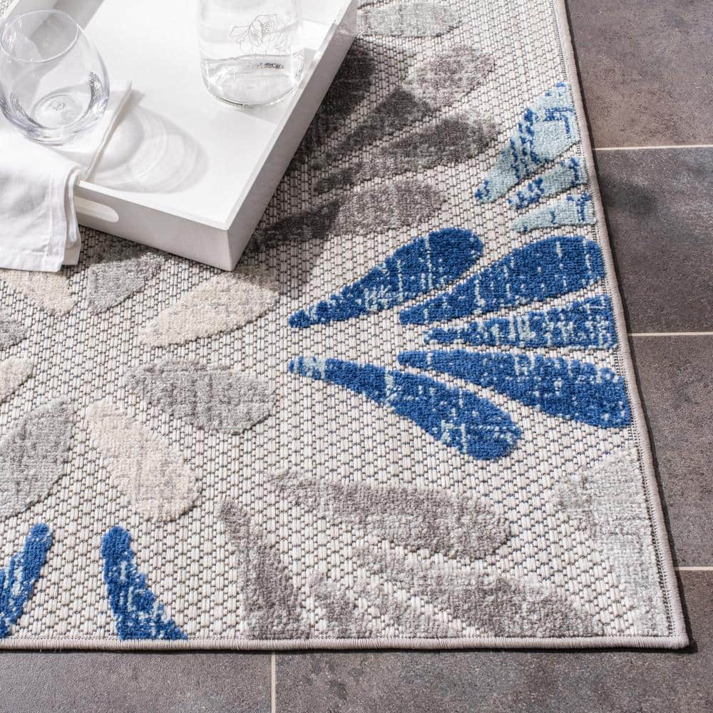 Grey/Blue Floral Flat Woven Easy-Care Runner Rug 24x12