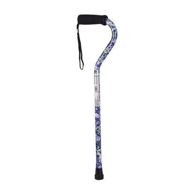 Lightweight Adjustable Foot Cane with Offset Handle in Purple Flowers
