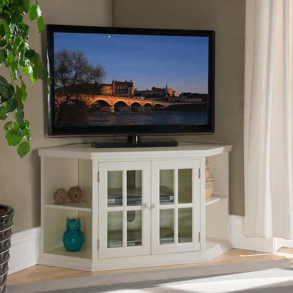 Leick Home Riley Holliday 20 in. White Corner TV Console Stand with 2-Door Bookcases Fits 46 in. TV with Adjustable Shelf