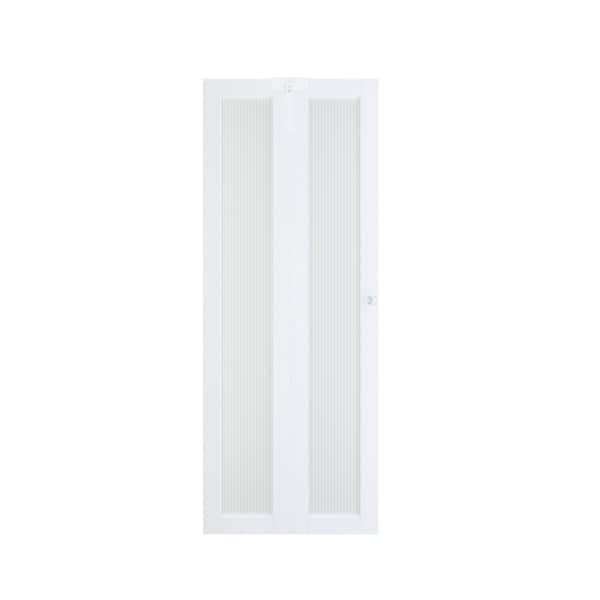 30 in. x 80 in. Full Lite Reed Glass Solid Core White PVC Covering MDF Bi-fold Door with Locks, Handles and Accessories