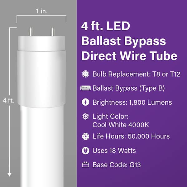 32-Watt Equivalent 4 ft. Linear Tube T8/T12 G13 Type B Ballast Bypass LED Light Bulb, Cool White 4000K (25-Pack)
