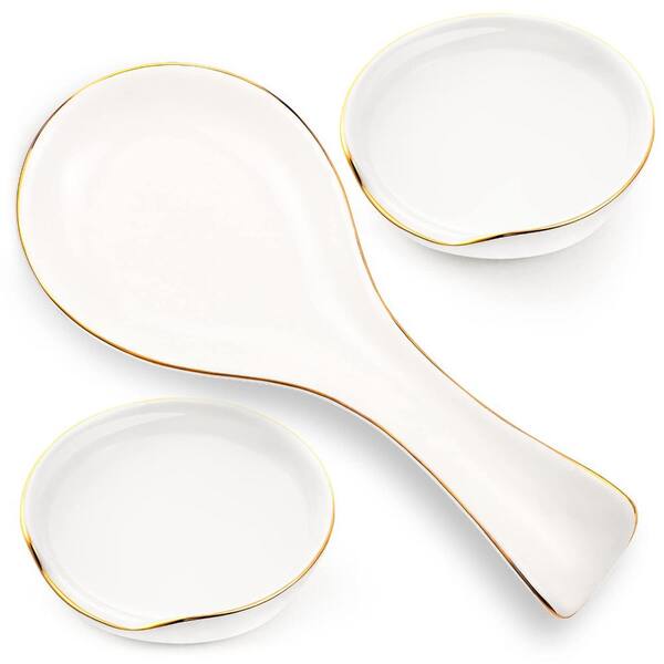 3 Piece White Ceramic Spoon Rest Set for Stove Top and Countertop Utensils Round and Long Holders Trivets and Spoon