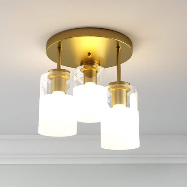 Sonoma 11.5 in. 3-Lights Brushed Brass Glass Modern Semi Flush Mount Lighting Bedroom Ceiling Lights Fixtures