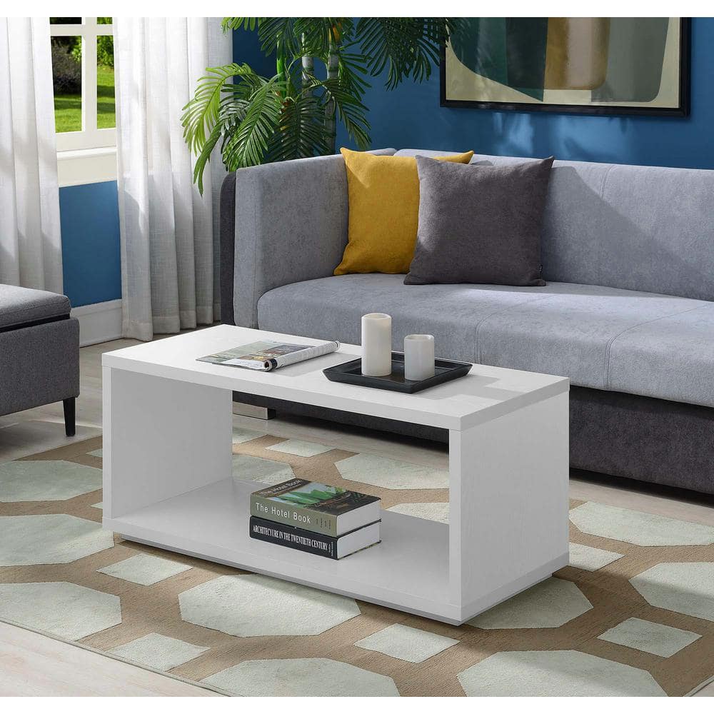 Simplistic White Rectangular Coffee Table with Open Shelf