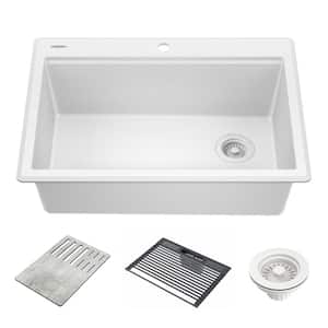 Everest White Granite Composite 30 in. Single Bowl Drop-In Workstation Kitchen Sink with Accessories