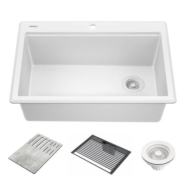 Delta Everest White Granite Composite 30 in. Single Bowl Drop-In Workstation Kitchen Sink with Accessories