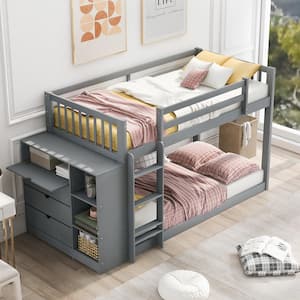 Gray Twin Over Twin Bunk Bed with 4 Drawers and 3-tier Shelves, Low Floor Wood Kids Bunk Bed with Bookcase and Cabinet