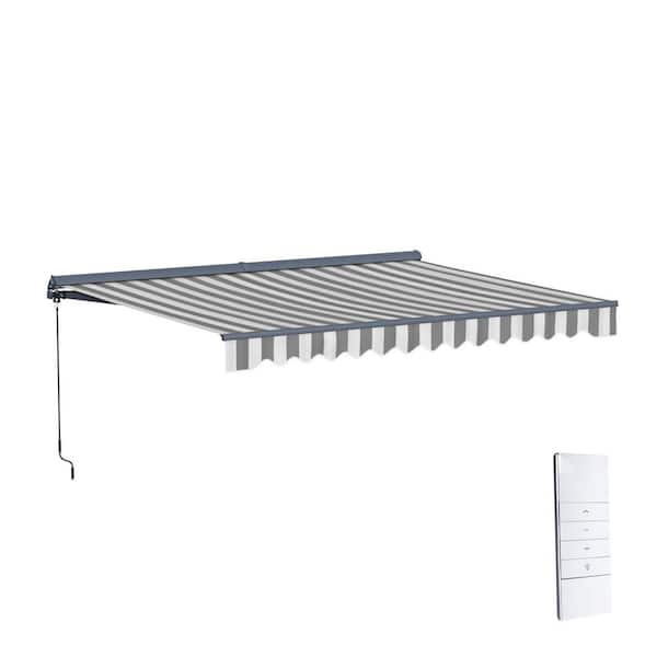 13 ft. Moroccan Polyester Motorized Patio Awning Semi Cassette LED Luxury 120 in. Projection in Gray and White Stripes