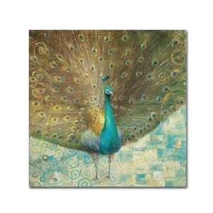 14 in. x 14 in. "Teal Peacock on Gold" by Danhui Nai Printed Canvas Wall Art