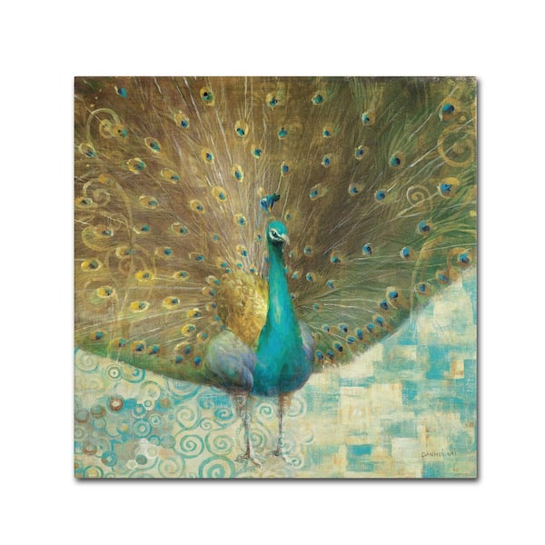 Trademark Fine Art 14 in. x 14 in. "Teal Peacock on Gold" by Danhui Nai Printed Canvas Wall Art