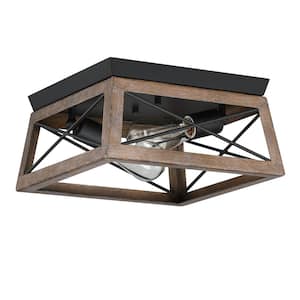 Mousse 12 in. W 2-Light Flush Mount with Matte Black Finish and Bronze Wood Accents