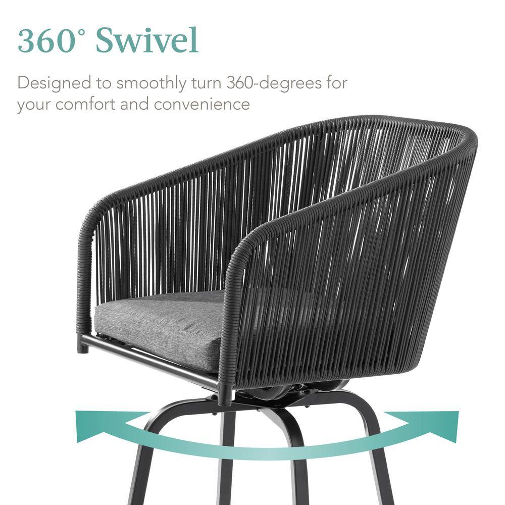 Handwoven Wicker 26" Black/Gray Swivel Bar Chairs with Cushions