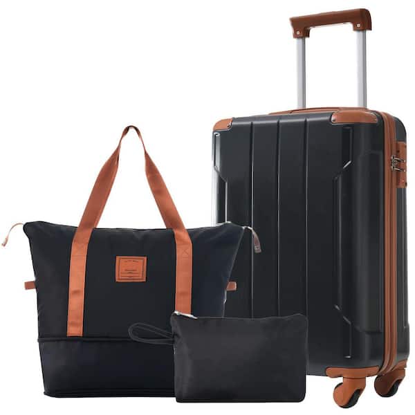 3-Piece Black and Brown ABS Hardshell Spinner 20 in. Luggage Set with an Expandable Travel Duffel Bag, a Toiletry Bag