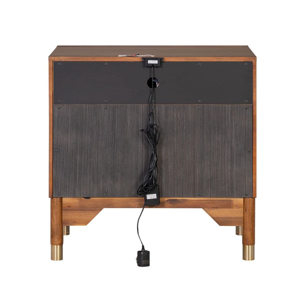 Mid-Century Walnut Nightstand with Gold Accents and LED Light