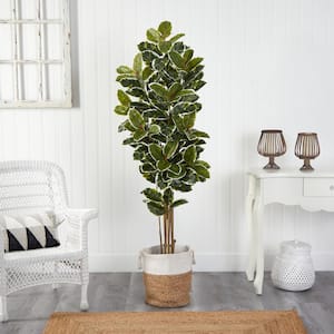 6ft. Green Oak Artificial Tree in Handmade Natural Jute and Cotton Planter UV Resistant (Indoor/Outdoor)