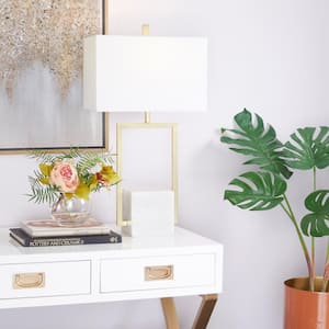 27 in. Gold Marble Geometric Task and Reading Table Lamp with Square Shade