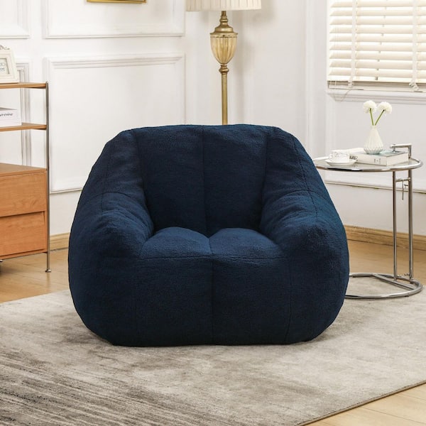 37.4 in. W Dark Blue Faux Fur Teddy Medium Bean Bag for Living Room, Bedroom