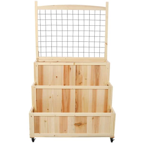 3 Tiers 31.5 in. x 24 in. x 53 in. Beige Wood Outdoor Vertical Planter Box with Wheels & Trelli
