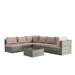 Gray 7 Piece PE Wicker Outdoor Patio Sectional Set Couch with Coffee Table and Beige Cushion for Porch, Garden, Backyard