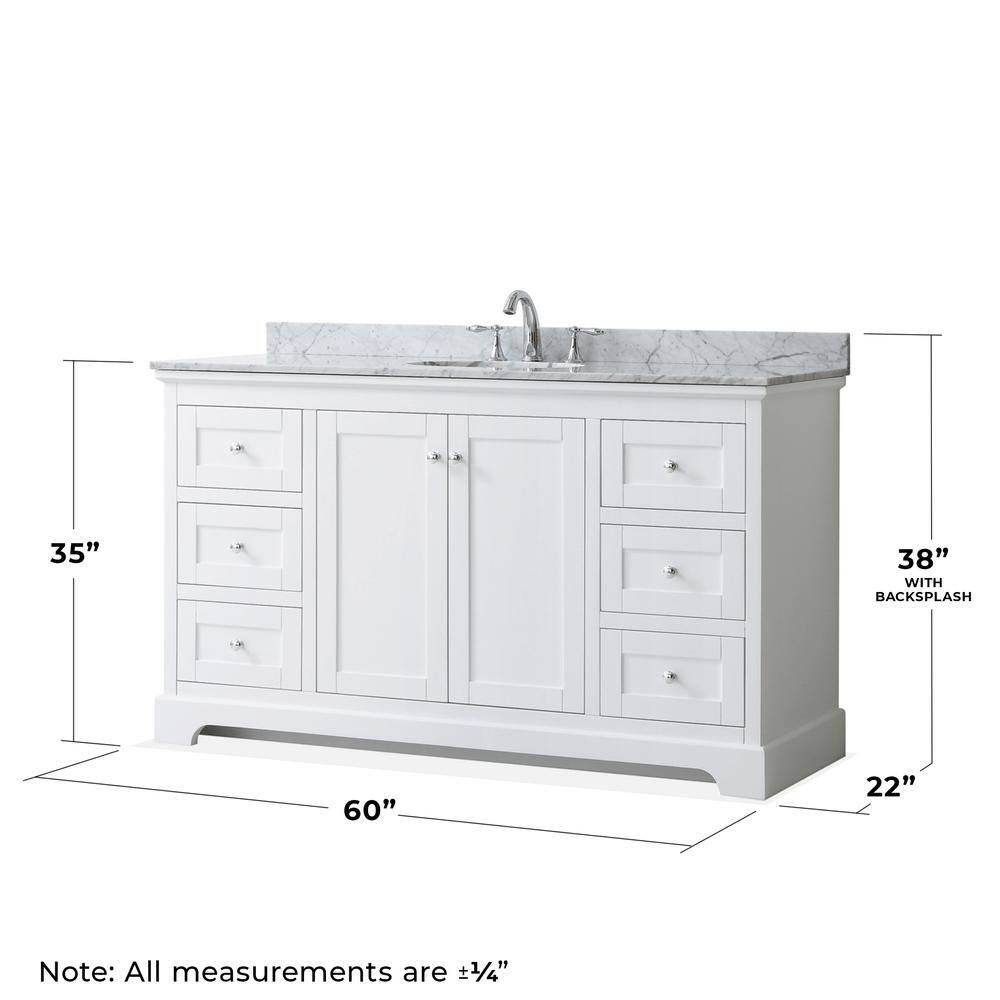Avery White 60" Single Bathroom Vanity with Carrara Marble Top