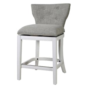 Stella 26in. Wood Counter-Height Swivel Bar Stool with Back, White with Gray Upholstery