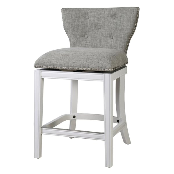 NewRidge Home Goods Stella 26in. Wood Counter-Height Swivel Bar Stool with Back, White with Gray Upholstery
