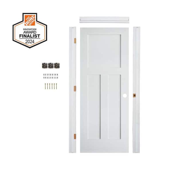 DIY 28 in. x 80 in. Shaker 3-Panel Left-Hand Primed Solid Core MDF Wood Single Interior Door Kit w/ Quick Assemble Jamb