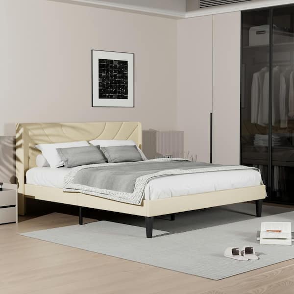 VECELO Upholstered Bed Beige Metal Frame Queen Platform Bed with ...