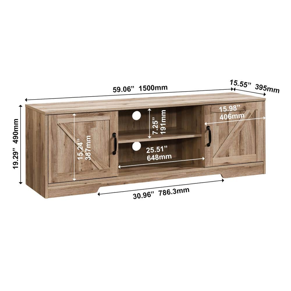 Rustic Oak 59" TV Stand with Sliding Barn Doors and Storage Cabinets