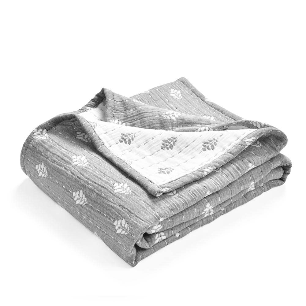 Gray and Off-White Reversible Cotton Jacquard Throw Blanket 60" x 50"