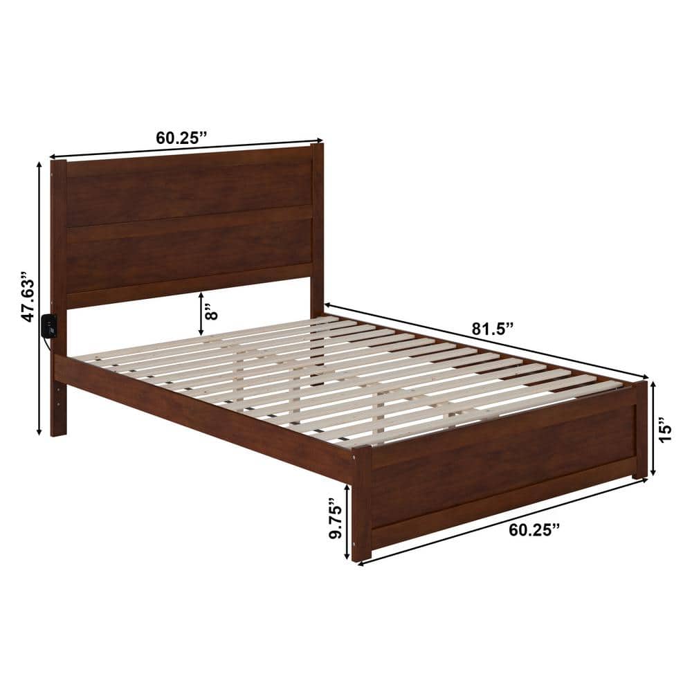 Walnut Queen Wood Platform Bed with USB Charger