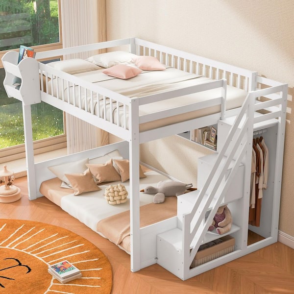 White Queen Size Wooden Loft Bed with Staircase and Wardrobe, Storage Shelves and Under-bed Space