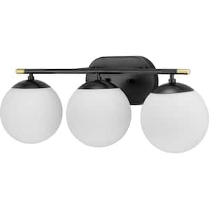 Hartnett 8 in. 3-Light Matte Black Vanity Light with Satin Brass Accents and Etched Opal Glass Shades