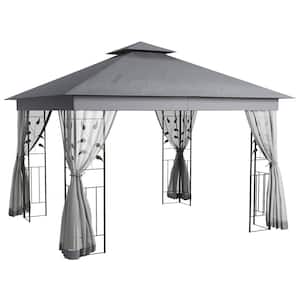 10 ft. x 11.5 ft. Gray Steel Frame Double Roof Gazebo Canopy Shelter with Tree Motifs Corner Frame and Netting