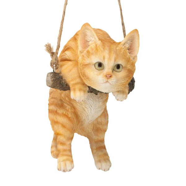 Design Toscano 8 in. H Orange Tabby Kitty on a Perch Hanging Cat Sculpture