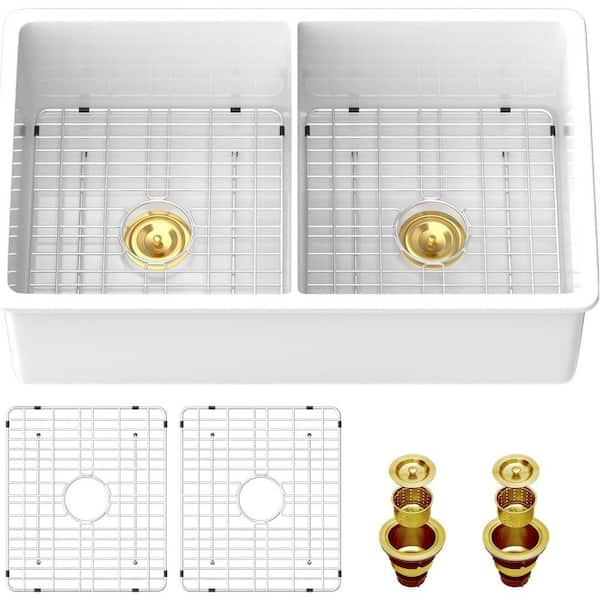 32 in. Undermount Double Bowl Ceramic Kitchen Sink with Strainer and Bottom Grid