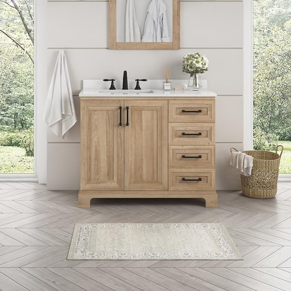 Glacier Bay Sinita 42 in. W x 19 in. D 34 in. H Single Sink Bath Vanity in Weathered Tan with White Engineered Stone Top
