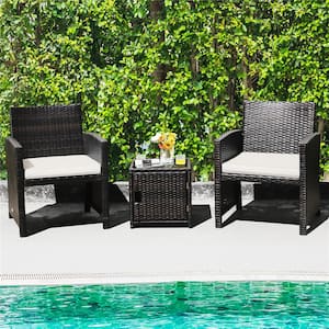 3-Piece Patio Wicker Furniture Set Storage Table with Protect Cover Cushioned in Off White