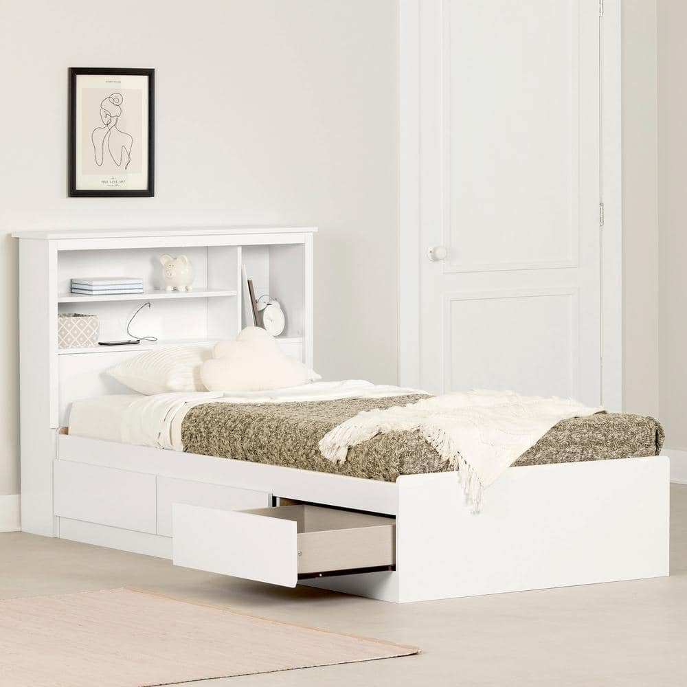 Pure White Twin Wood Storage Bed with Bookcase Headboard and Drawers