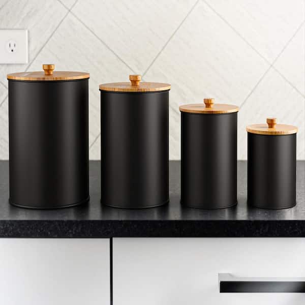 4-Piece Black Iron Kitchen Canisters for Countertop with Customizable Chalkboard Labels and Marker Pen and Airtight Lids
