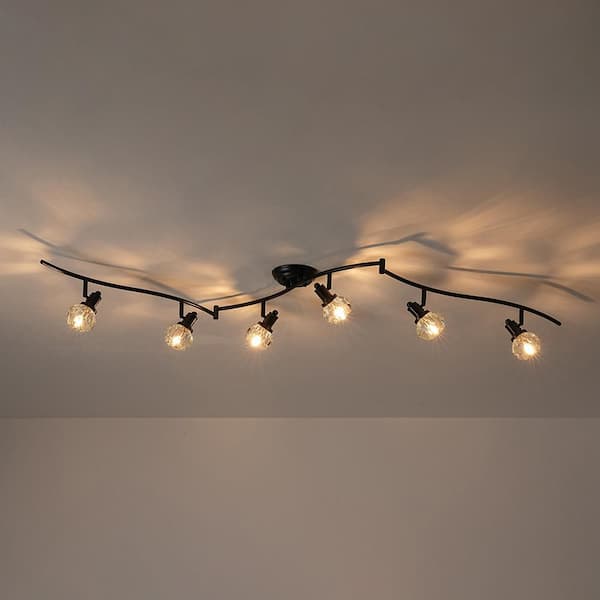 Cate 6-Light 72 in.W Matte Black Adjustable Branch Semi-Flush Mount Track Lighting with Crystal Shades for Living Room