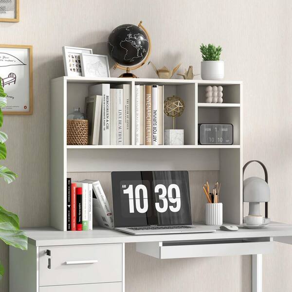 2 Tier Desktop Bookcase Hutch - Wood & Metal Monitor Stand Shelf For Home Office Organizer