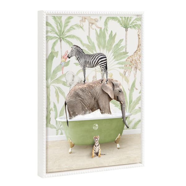 Kate and Laurel Modern Cute Safari Animal Bathtub Wall Art in. 1-Piece White Framed Canvas Art Print, 18 in. x 24 in.