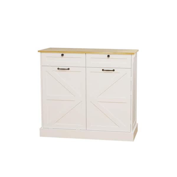 39.37"x 13.77" x 35.43" MDF Pantry Ready to Assemble Cabinet in White with 2 Drawers and 1 Tilt Out Trash Cabinet