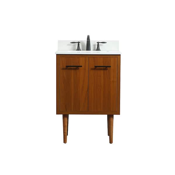 Unbranded Simply Living 24 in. W x 19 in. D x 33.5 in. H Bath Vanity in Teak with Ivory White Engineered Marble Top