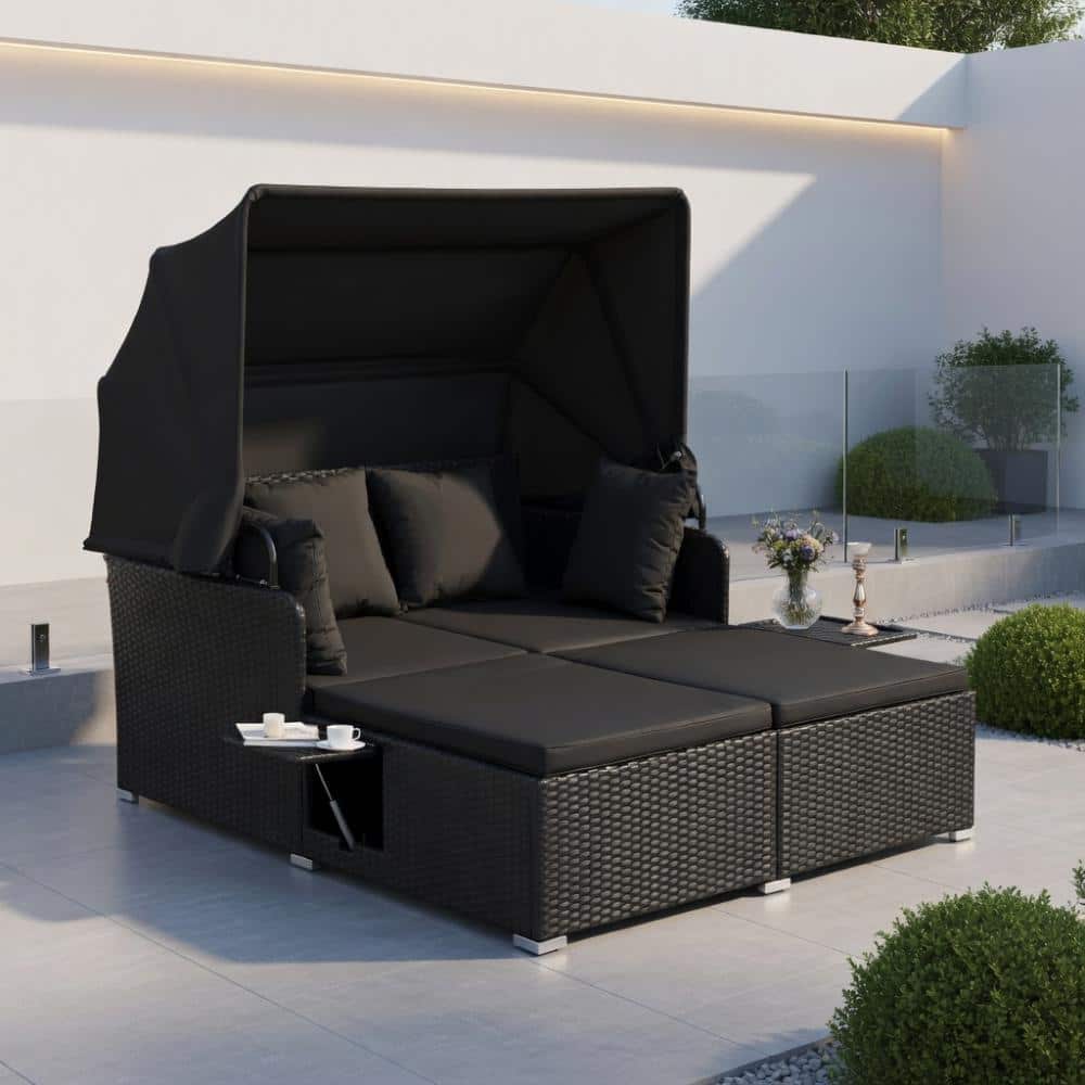 Rattan Daybed with Retractable Canopy, Foldable Trays & Removable Cushions – Black PE Wicker Patio Lounger