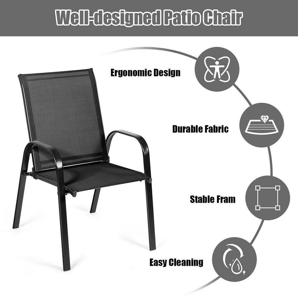 Infographic showing features of the black metal outdoor chair.