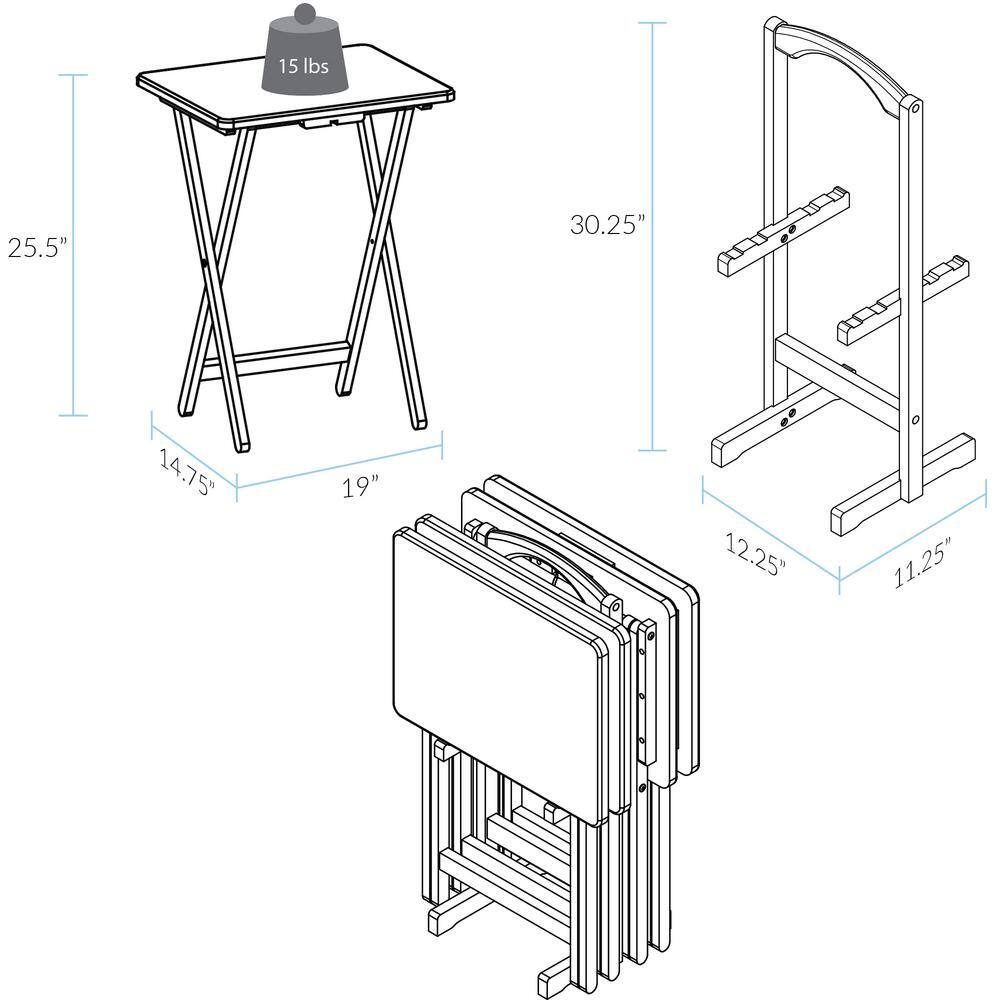 Pine Wood Espresso 5-Piece Tray Table Set with Stand