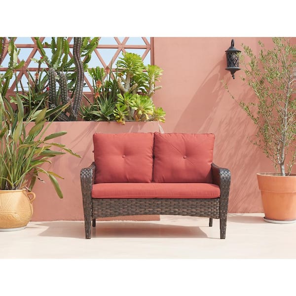 Gymojoy Brentwood Brown Wicker Outdoor Patio Loveseat with Red Cushions